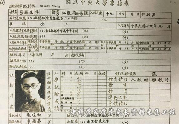 张涤生的大学学籍表